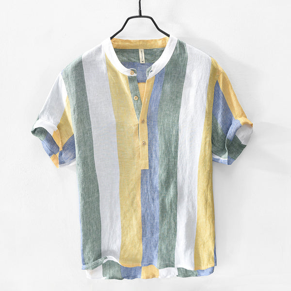 Camisa de Lino Manga Corta con Cuello de Pie para Hombre