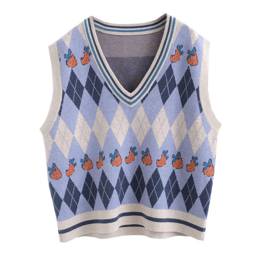 Chaleco Jacquard Fresa Retro Cuello V sin Mangas para Primavera y Otoño