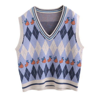 Chaleco Jacquard Fresa Retro Cuello V sin Mangas para Primavera y Otoño