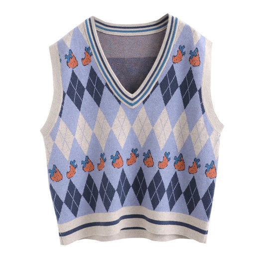 Chaleco Jacquard Fresa Retro Cuello V sin Mangas para Primavera y Otoño