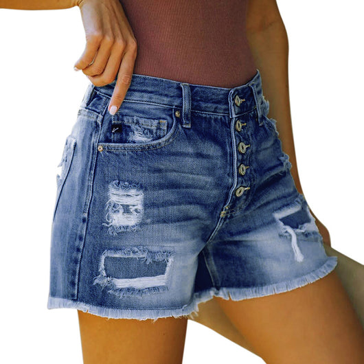 Shorts de Mezclilla Elásticos para Mujer con Detalles Rotos - Image 3