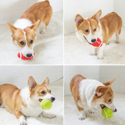 Lime green latex pet toy shaped like a tennis ball with white stripes and "EETOYSE" embossed on its surface. - Image 12