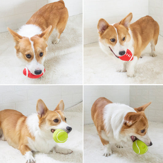 Lime green latex pet toy shaped like a tennis ball with white stripes and "EETOYSE" embossed on its surface. - Image 12