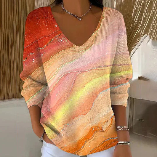 Suéter Cuello V Manga Larga con Impresión 3D Digital para Mujer
