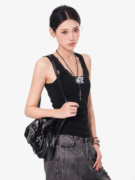 Camisola Negra de Encaje con Cuello U - Top Slim Ajustado para Mujer - Image 2