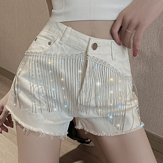 Shorts Talle Alto Denim Negro con Cadena y Flecos - Image 7