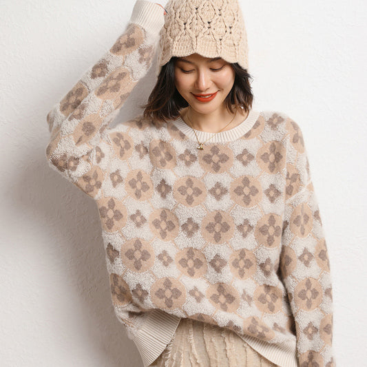 Suéter Crop Tejido Jacquard Doble Capa con Bordado en Lana para Mujer