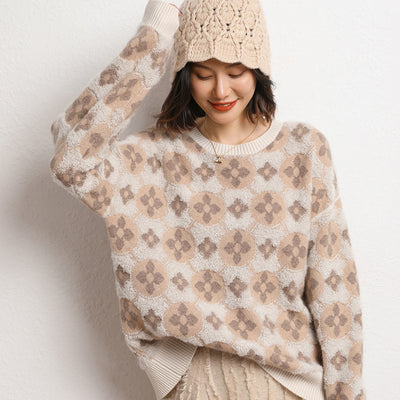 Suéter Crop Tejido Jacquard Doble Capa con Bordado en Lana para Mujer