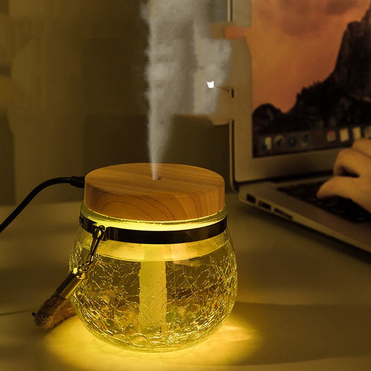Desktop humidifier with a clear, crackled glass base, white lid, and a brown rope handle.