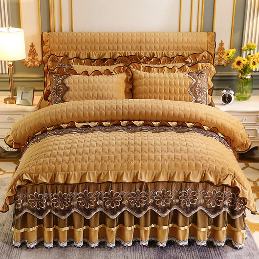 Juego de Cama Acolchado Europeo 4 Piezas con Faldón y Forro Grueso de Felpa - Image 12