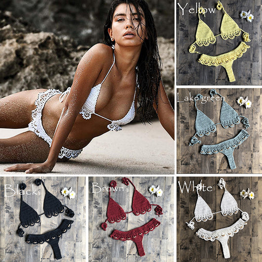 Lake green handmade crochet bikini set with gold beads, featuring a triangle top and thong bottom on wood. - Image 5