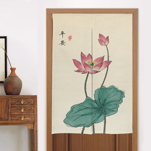 Chinese style fabric door curtain with cherry blossoms, colorful lanterns, and a white cat walking on a beige background. - Image 9