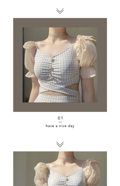 Women's conservative two-piece swimsuit with beige and white houndstooth pattern, sheer puff sleeves, and a flared skirt. - Image 9