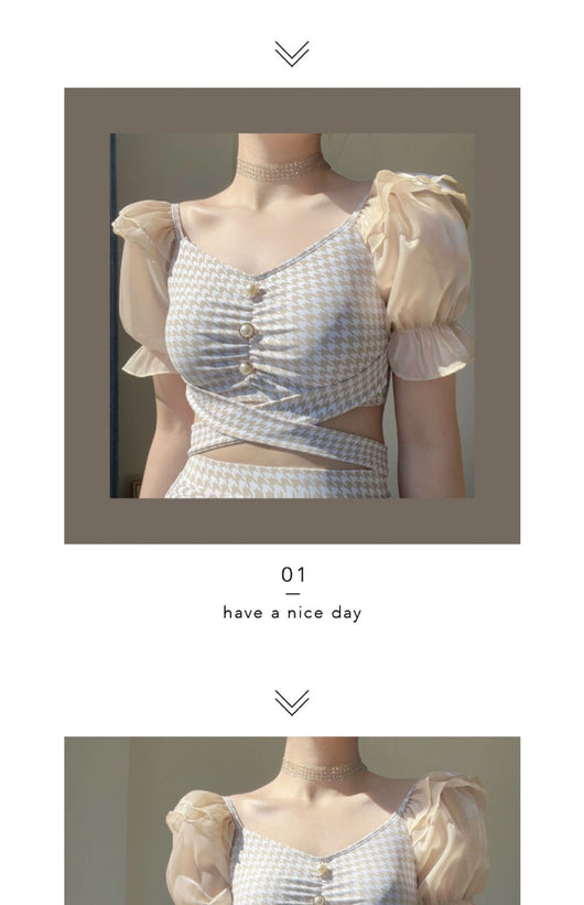 Women's conservative two-piece swimsuit with beige and white houndstooth pattern, sheer puff sleeves, and a flared skirt. - Image 9