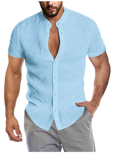 Camisa Cardigan de Lino con Cuello Alto y Manga Corta para Hombre - Image 3