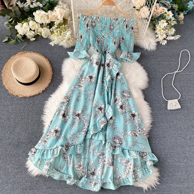 Vestido de Resort con Hombros Descubiertos y Volantes Irregulares