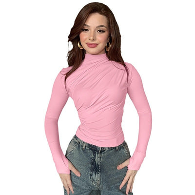 Blusa Cuello Alto Plisada Ajustada para Otoño e Invierno - Image 5