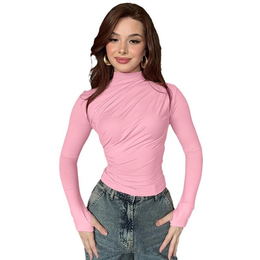 Blusa Cuello Alto Plisada Ajustada para Otoño e Invierno - Image 5
