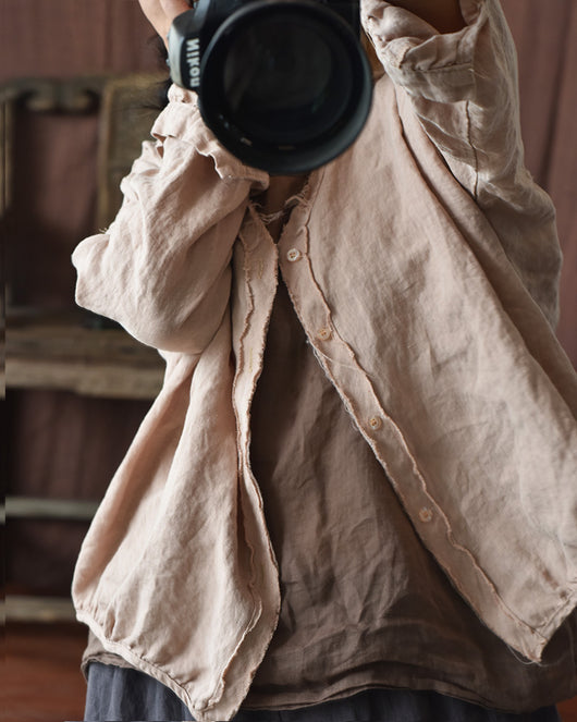 Camisa de Lino Lavado con Mangas Farol y Diseño Artístico Vintage - Image 3