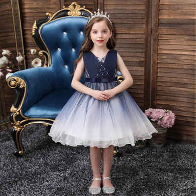 Vestido Azul Elegante para Niñas - Diseño Floral Cuello en V