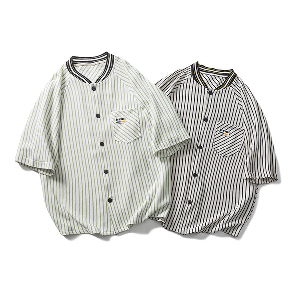 Camisa Vintage de Rayas Verticales Cuello Redondo Manga Corta