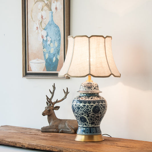 Lámpara de Mesita Porcelana Azul y Blanco Estilo Chino para Dormitorio