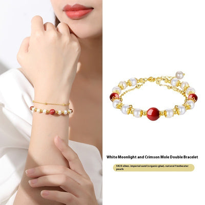 Pulsera Doble Capa de Plata Esterlina con Granate Rojo y Perla de Agua Dulce para Mujer - Image 12