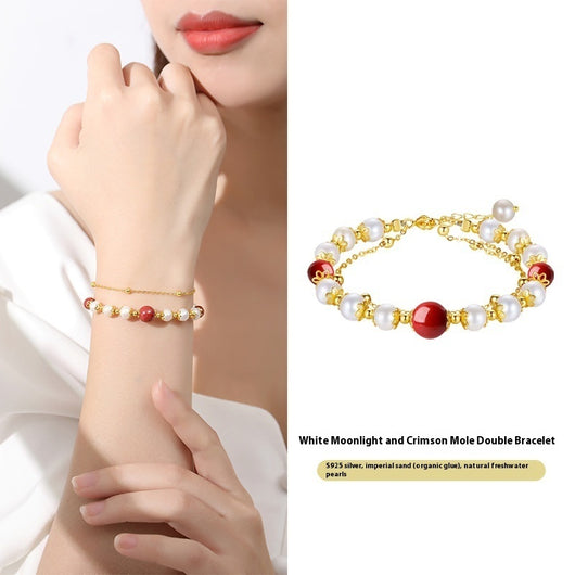 Pulsera Doble Capa de Plata Esterlina con Granate Rojo y Perla de Agua Dulce para Mujer - Image 12