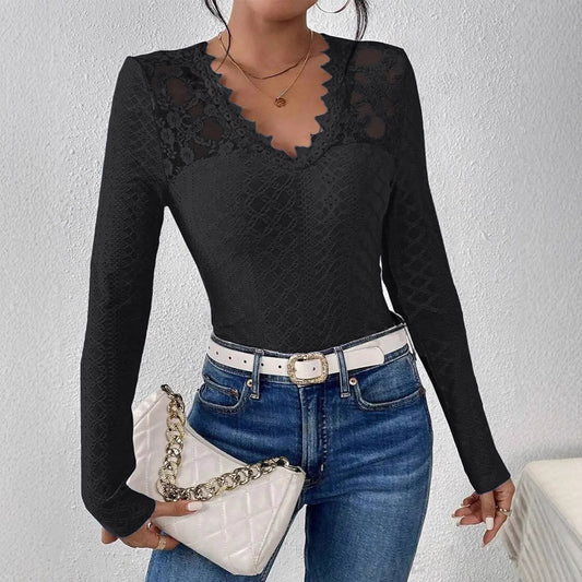 Blusa Elegante de Manga Larga con Panel de Encaje y Cuello en V para Mujer