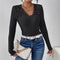 Blusa Elegante de Manga Larga con Panel de Encaje y Cuello en V para Mujer