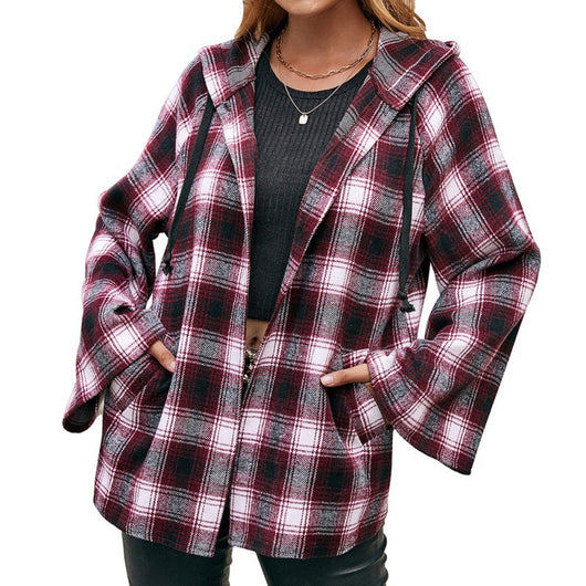 Cardigan Tipo Camisa a Cuadros Holgado con Capucha - Image 5