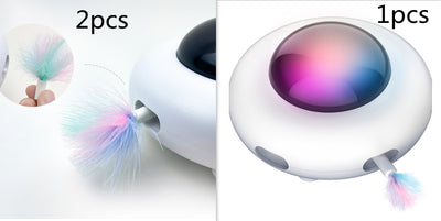 White UFO electric cat toy with a colorful glowing dome and a pastel feather attachment. - Image 6