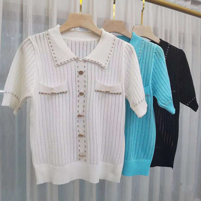 Blusa Verano Cuello Solapa Seda Dorada con Ribete Brillante - Image 4