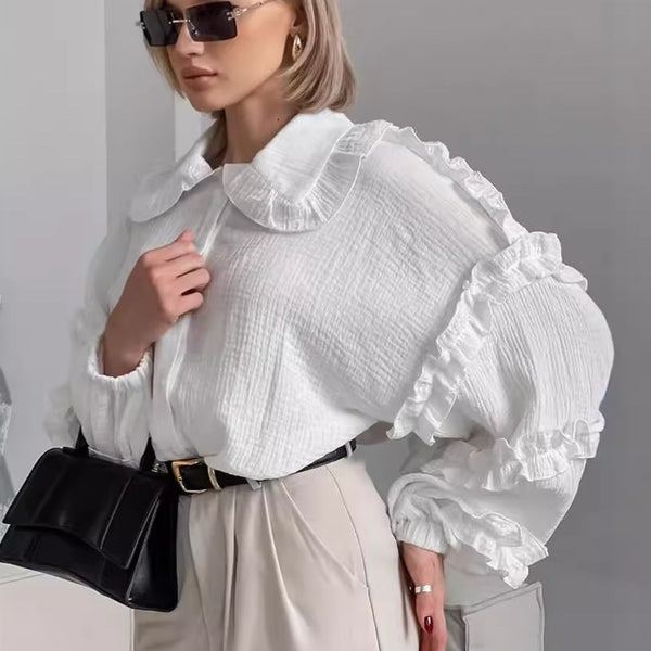 Blusa Larga de Encaje Suelta con Manga Larga para Mujer