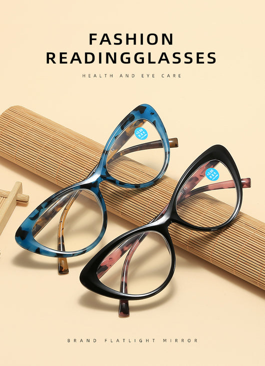Black cat-eye anti-blue light reading glasses with green patterned temples on a white background. - Image 11