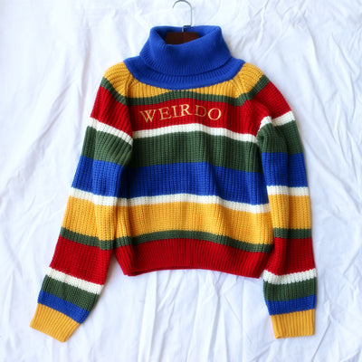 Suéter Cuello Alto Rayas Arcoíris con Bordado de Letras - Pullover Holgado Casual para Mujer - Image 16