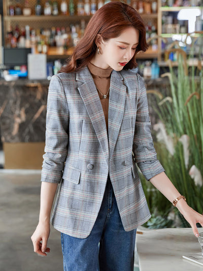 Blazer Cuadros Café Mujer Corte Relajado Otoño - Image 3