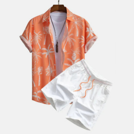 Camisa Cardigan Estampada Manga Corta para Playa Hombre
