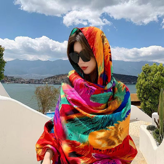 Rebozo Étnico de Algodón con Protección Solar y Flecos