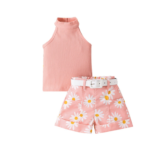 Conjunto Infantil de Shorts Estampados con Cinturón y Top Halter de Color Liso - Image 19