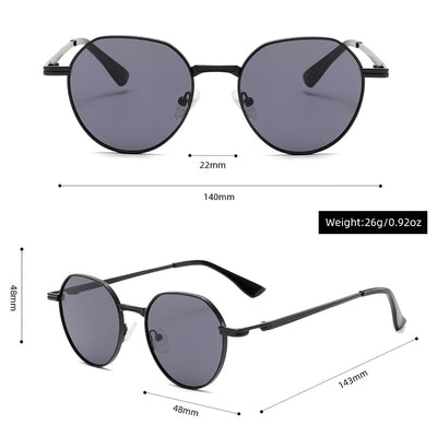 Round metal sunglasses with silver frames and dark gray lenses, featuring black temple tips, on a white background. - Image 4