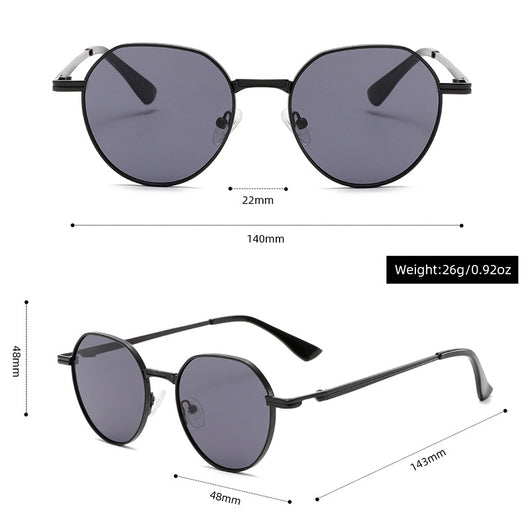 Round metal sunglasses with silver frames and dark gray lenses, featuring black temple tips, on a white background. - Image 4