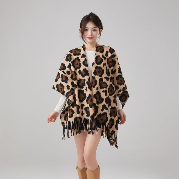 Chal Vintage Estampado Leopardo con Borlas, Cálido y Grueso