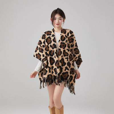 Chal Vintage Estampado Leopardo con Borlas, Cálido y Grueso