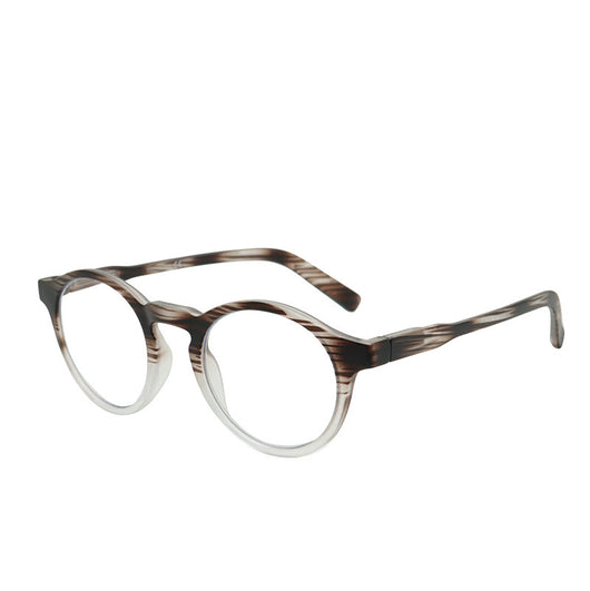Round full-frame reading glasses with brown and clear striped pattern, featuring anti-blue light lenses. - Image 7
