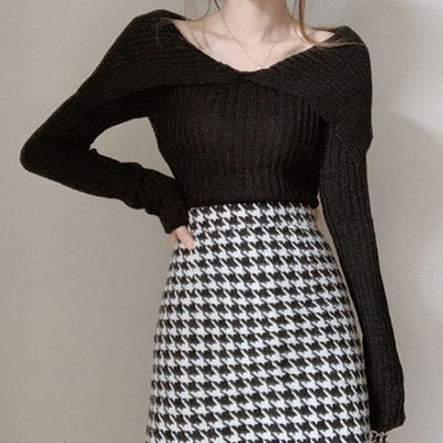 Blusa de Punto Elegante Escote V Hombros Descubiertos Ajustada - Image 5