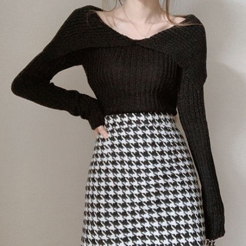 Blusa de Punto Elegante Escote V Hombros Descubiertos Ajustada - Image 5