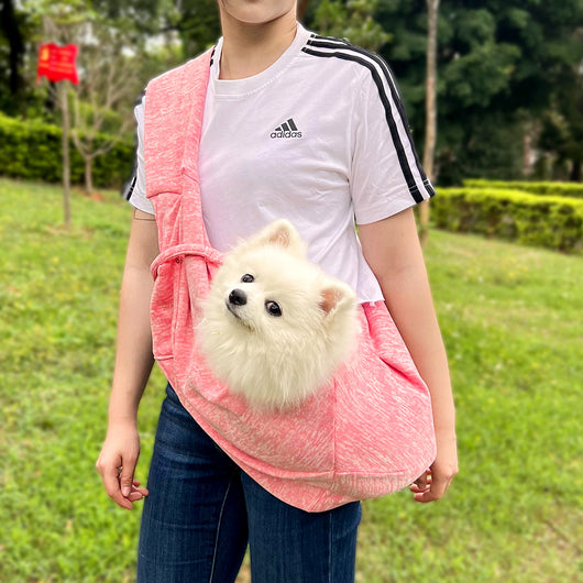 Person in white hoodie carrying a happy white dog in a navy blue pet sling bag outdoors. - Image 13