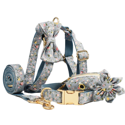 Collar Floral Azul de Algodón Poliéster para Mascotas