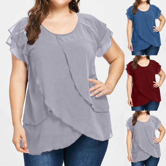 Blusa Chifón Mujer Cuello Redondo Capas Superpuestas Manga Corta